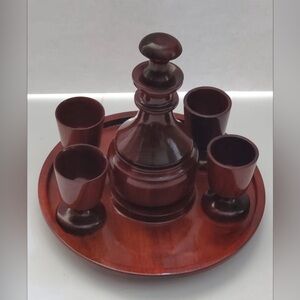 Vintage Wooden Decanter 4 Cups and tray